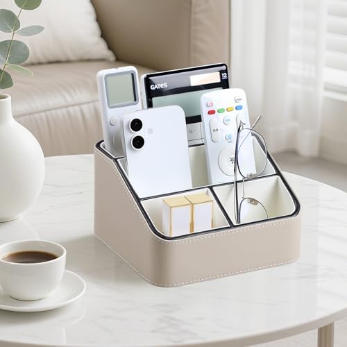 PU Leather Desk Organizer, Remote Control Holder (Small/Beige) - Image 2