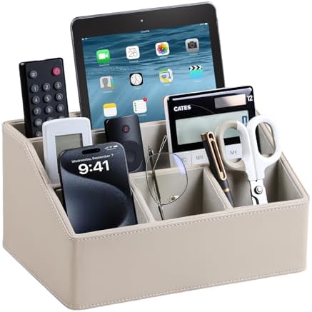 PU Leather Desk Organizer, Remote Control Holder (Dark Beige) by MEIBOOCH