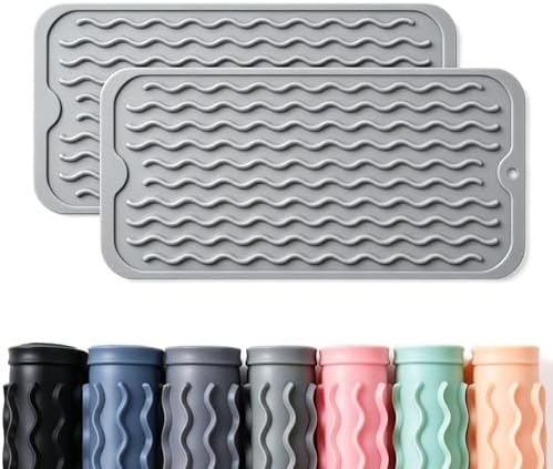 2 Pack Caketime Silicone Dish Drying Mat for Kitchen Counter Bathroom Under Sink Protector Faucet Drip Catcher Absorbent Liner Washer Dryer Countertop Organizer Drain Tray 12"x6" Light Gray by CAKETIME