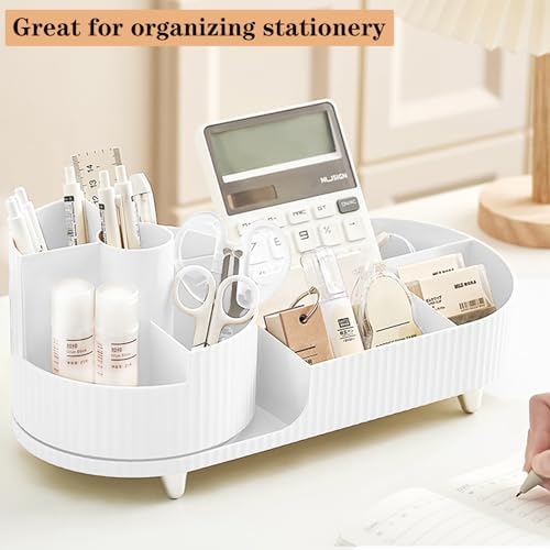 Rotating Vanity Organizer with Brush Holder, Large Spinning Makeup Skincare & Cosmetic Organizer, Countertop Perfume & Lotions Display Case (White) - Image 6