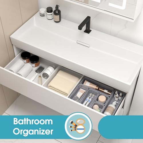 6 PCS Drawer Organizer Set, 3 Size Makeup Drawer Divider Organizer With Non-Slip Pads, Interlocking Plastic Storage Bins for Office,Jewelry Vanity,Gadgets, Bathroom,Kitchen, Grey - Image 7