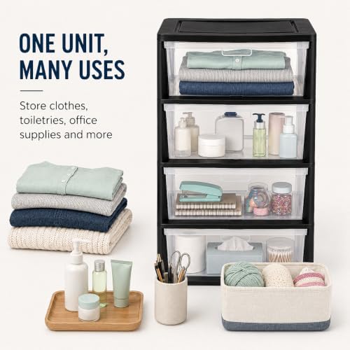 4 Drawer Storage Organizer, Wide Clear Plastic 4 Tier Drawer Unit (Black) - Image 3