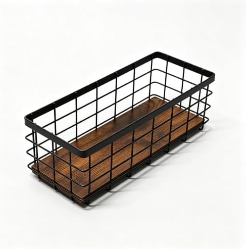 Small Black Metal Wire Storage Basket with Wood Base (Black+Brown, 1 Pack) by TIEYIPIN