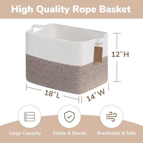 Goodpick 50L Large Woven Rope Storage Basket, Rectangle, Brown - Image 3