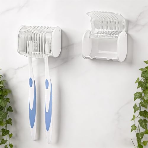 2 Pack Toothbrush Holder Wall Mounted with Cover for Bathroom, 2 Slots Toothbrush Storage Organizer for Shower, Self Adhesive Toothbrush Hanger (White) by LUEXBOX