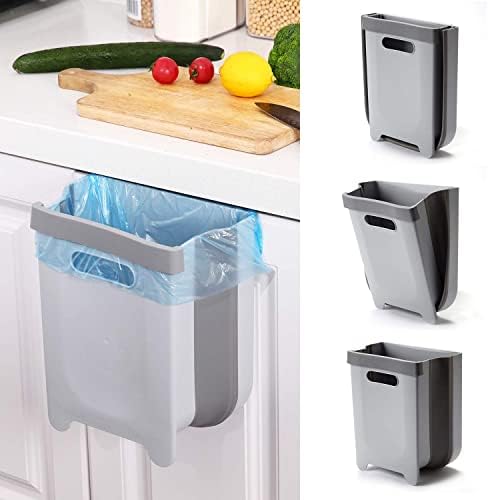Hanging Collapsible Trash Can - 9L Wall Mounted Foldable Waste Bin for Kitchen Cabinet Door - Quickly Clean Counter, Sink, Bathroom - RV, Car, Camping Folding Garbage Basket (Gray) by Unknown