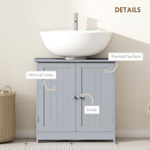 HOMCOM Under Sink Bathroom Cabinet with 2 Doors, Shelf, U-Shape, Gray - Image 6
