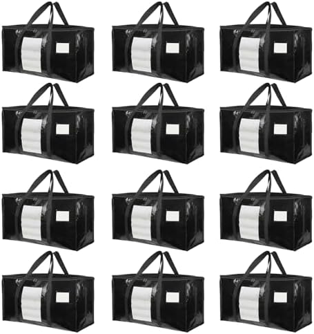 12 Pack Extra Large Moving Bags Heavy Duty 180GSM,130LBS 100L Totes with Visible Window, Zippers & Wrap-Around Handles, Waterproof Reusable, Alt to Moving Boxes, Black by Unknown