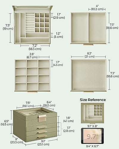 SONGMICS Jewelry Box Organizer, 4-Layer Storage with 3 Drawers, Glass Lid - Image 6
