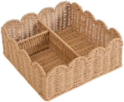 Rattan Divided Scalloped Basket,Wicker Diaper Caddy Scalloped Baske,Woven Natural Basket with 4 Dividers,Suitable for Baby Rooms, Bathrooms, Bedrooms (Paper Rope) - Image 6