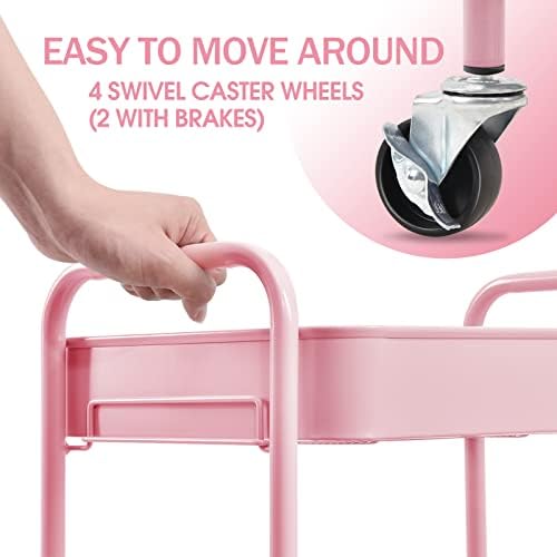 TOOLF 3 Tier Metal Rolling Cart, Utility Storage Cart with Wheels, Pink - Image 4