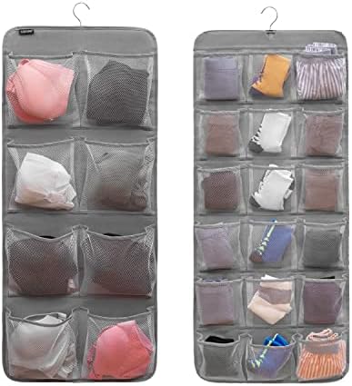 Dual-Sided Hanging Closet Organizer for Socks Underwear Bra Kids Storage Organizer for Baby Clothes Toddler Shoes with 26 Pockets (Grey-Mesh Pockets) by ANZORG