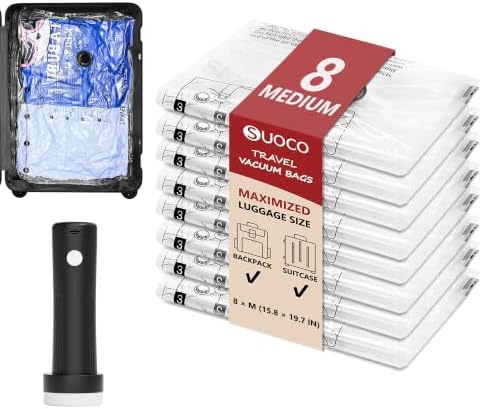 Travel Vacuum Bags for Clothing with Cordless Pump 8 Medium, Clear by SUOCO