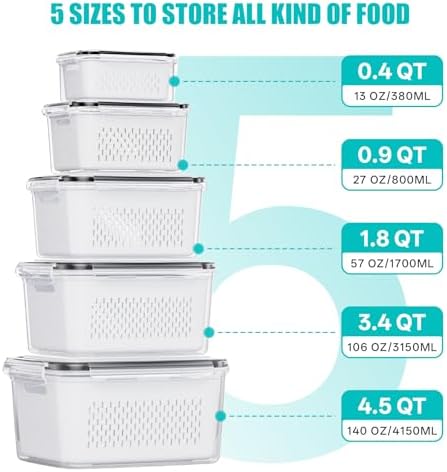 HOMETALL 5 Pack Fruit Storage Containers for Fridge Set, Fruit Washing Bowl with Strainer, Reusable Fridge Organizers and Storage for Berry Salad Lettuce, Size 4.5, 3.4, 1.8, 0.9, 0.4QT - Image 3