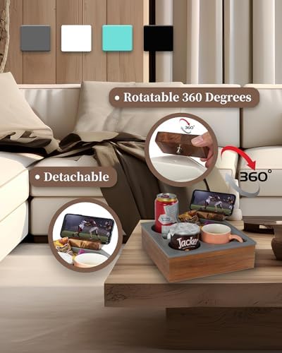 Couch Cup Holder Tray, Soft Food Grade Silicone Acacia Wooden Couch Caddy for Bed Car Seat Beach Organizer, Waterproof Anti-Spill Couch Drink Holder for Snacks Beverage Remote (Black) - Image 6