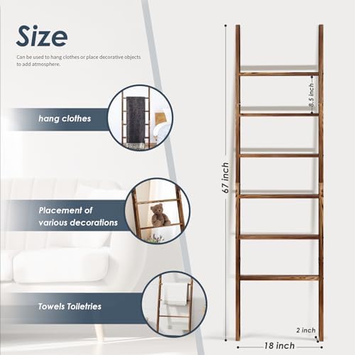 6-Tier Blanket Ladder Wooden, 5.7FT(66.5'') Blanket Quilt Towel Holder Rack Decorative Ladder, Easy Assembly, Rustic Farmhouse Ladder Shelf for The Living Room Bedroom Bathroom Home Decor, Brown - Image 2