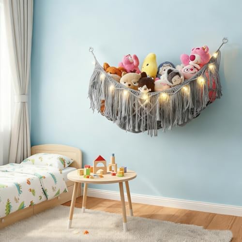 Stuffed Animal Hammock or Net With LED Lights Extra Large Wall Hanging Stuffed Animal Storage Nets for Teddy Bear Handmade Macrame Hanging Toy Net Hammock for Stuffed Animal (Gray) - Image 6