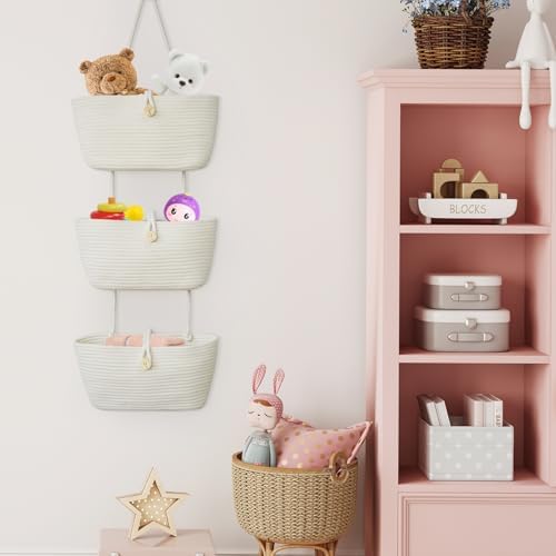 TeoKJ Over the Door Hanging Baskets with Wooden Button, 3-Tier Wall-Mounted Decorative Nursery Kitchen Baskets, White - Image 5