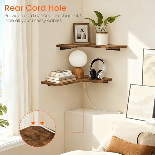 Homode Corner Floating Shelves, Corner Shelves Wall Mounted with Cord Hole, Set of 3 L Shape Wood Wall Storage Shelves for Living Room Bedroom Bathroom Kitchen, Rustic Brown - Image 4