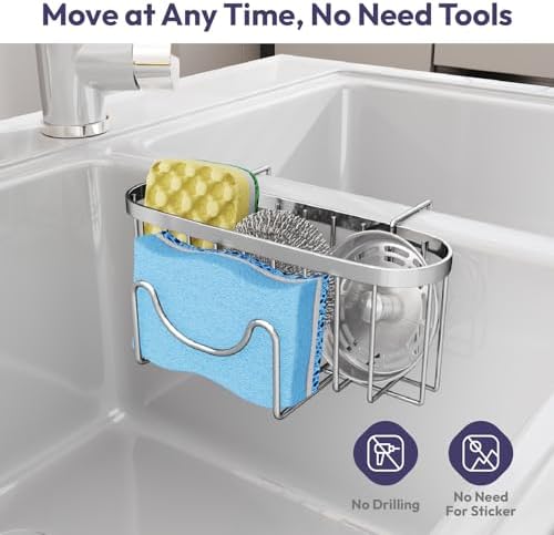 SWTYMIKI Sponge Holder for Kitchen Sink - Movable Kitchen Sink Caddy with M Shape Hook Stainless Steel Hanging Sponges Caddy Organizer in Double Bowl Sinks Depth>3.15in, Middle divider<1.5in, Silver L - Image 6