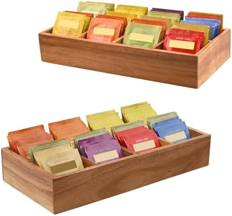 Acacia Wood Tea Bag Organizer with 8 Slots – Tea Bag Holder and Tea Organizer, Sugar Packet Storage for Countertops, Set Of Two by villasmallbusiness