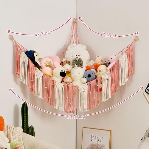 Pretty Jolly Stuffed Animal Hammock with Weaving Tassels and Beads Leather Pink - Image 5