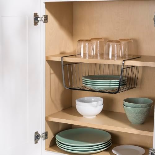 Under Shelf Steel Wire Basket Hanging Storage by Home Basics | Space Saver Slide-On Shelf Basket for Pantry, Cabinets, Closet - No Hardware Needed - Black Onyx - Image 3