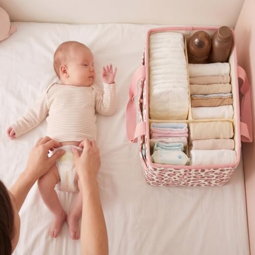 Baby Diaper Caddy Organizer with Portable Changing Mat-Portable Baby Organizers and Storage, Gift for Baby Shower, Corduroy Baby Essentials Organizer with Removable Dividers (Pink Leopard) - Image 5