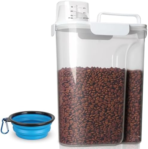 TIOVERY Dog Food Storage Container, 5-7 Lbs Airtight Pet Food Container, Cat food Container Dispenser with Portable Handle, Pouring Spout, Measuring Cup and a Collapsible bowl for Dogs Cats White/6Qt by TIOVERY