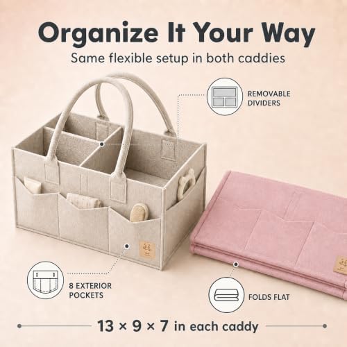 HIPHOP PANDA 2-Pack Diaper Caddy Organizer - Nursery Storage Bin & Car Organizer for Diapers, Wipes, and Baby Essentials - Dual-Color Solid Set (Pink/Oatmeal), Regular Size - Image 3