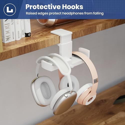 Dual Headphone Stand Holder - EURPMASK 2 in 1 PC Gaming Headset Hooks, 360 Degree Rotating Headphone Hanger with Adjustable Clamp & Cable Clip Organizer, Headset Mount Under Desk Earphone Clamp-White - Image 5