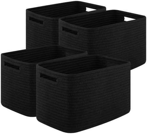 OIASKET 4Packs Natural Cotton Rope Storage Baskets for Organizing Toys, Clothes, Towels & Books, Soft Versatile Organizers for Shelves, Home Decorative Bins, 13''Lx9''Wx7.8''H, Black by OIASKET