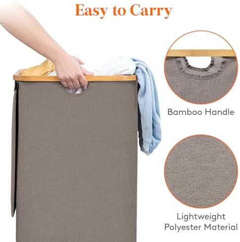 Lifewit 80L Large Laundry Basket with Lid, Removable Bags, Brown - Image 6