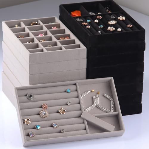 Jewelry Trays,Grey Velvet Stackable Organizer Trays,Drawer Inserts Jewelry Display Case For Rings Stud Necklaces Earring Organizer Tray for Women Girls-8 Pack - Image 7