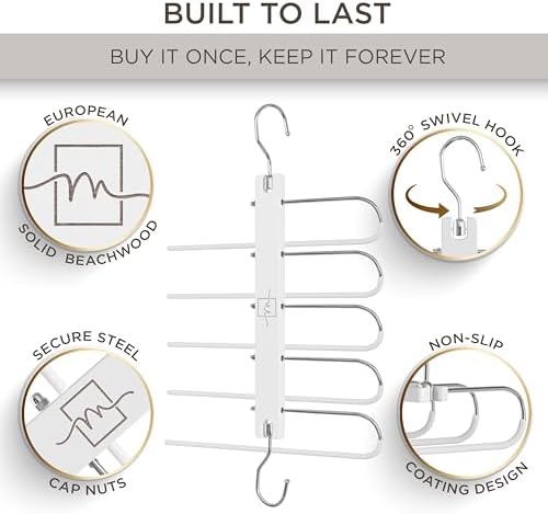 MORALVE Pants Hangers Space Saving - European Beechwood Scarf and Jean Hangers - Closet Organizer and Space Saver Pant Rack, Leggings Hanger, and Scarf Holder with 360° Swivel Hook (1 Pack) - Image 2