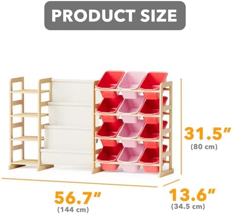 SpaceAid 3-in-1 Toy Storage Organizer with 4 Shelves and 12 Bins, Toy Organizers Storage 3-Tier Bookshelf, Kids Bin Shelf Box Bookcase for Bedroom Playroom Organization Room Decor, Red and Pink - Image 3