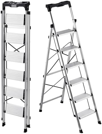 VEVOR 6 Step Ladder, Folding Step Stool with Wide Anti-Slip Pedal and Comfort Handgrip, 330 lbs Capacity Portable Aluminum Stepladder, Multi-Use for Kitchen, Warehouse, Household and Office, Silver by VEVOR