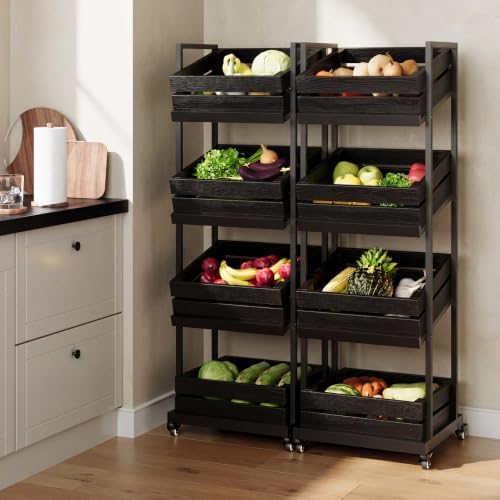 LITTLE TREE 4-Tier Basket Stand with Locked Wheels, Mobile Fruit and Vegetable Storage, Floor Stand Rack, Utility Shelf, for Kitchen, Living Room, Pantry (Black, 2) - Image 5