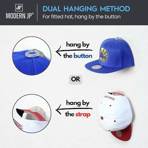 Modern JP Adhesive Hat Hooks for Wall (8-Pack) - Hat Rack for Baseball Caps, Minimalist Hat Display, Strong Hold Hat Hangers for Wall - USA Patented, Clear - Image 4