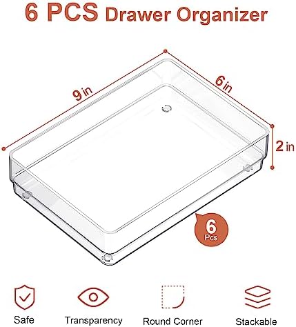 SMARTAKE 6 PCS Clear Plastic Kitchen Large Size Drawer Organizers Set - Image 2