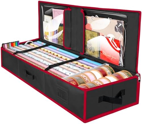 BALEINE Wrapping Paper Storage Organizer, 40" Durable 600D Oxford Fabric Gift Wrap Storage Bag with Flexible Partitions for Ribbon, Holiday Accessories (Black/Red) by BALEINE