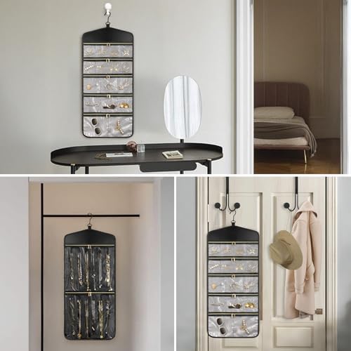 CHICECO Travel Jewelry Holder Organizer,Hanging Jewelry Organizer Storage with Zippered Pockets for Cloest,Jewelry Holder for Earrings, Necklaces (Grey Black) - Image 5