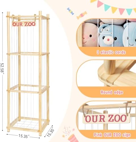 Stuffed Animal Storage - Tall Natural Pine Wood Toy Organizer with Elastic Cords & Shelf, Space-Saving Plushie Playhouse for Nursery, Playroom, Kids Bedroom - Easy Assembly - Image 3