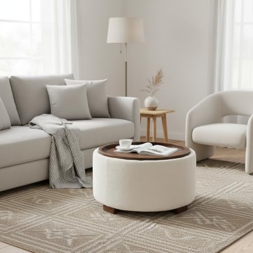Zihanhome 30 Inch Round Storage Ottoman, Ottoman Coffee Table with Lift Off Lid, Boucle Modern Ottomans with Storage for Living Room, Bedroom, Apartments (Beige) - Image 4