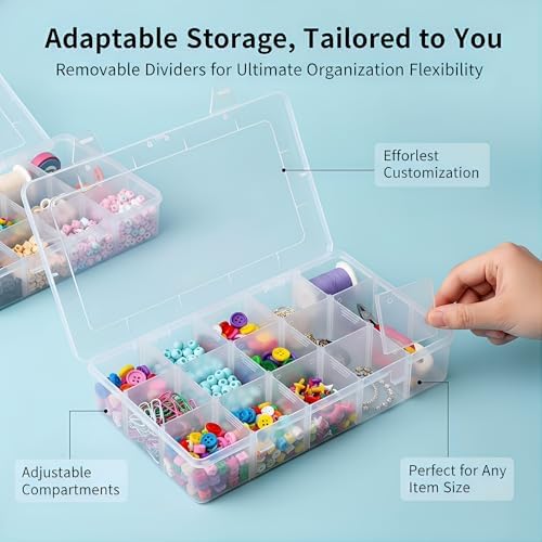 Umirokin 2 Pack 15 Grids Clear Plastic Organizer Box with Adjustable Dividers, Craft Storage Containers for Jewelry, Beads, Screws, Tackle Box, Washi Tapes, Small Parts Organizer for Arts and Crafts - Image 2
