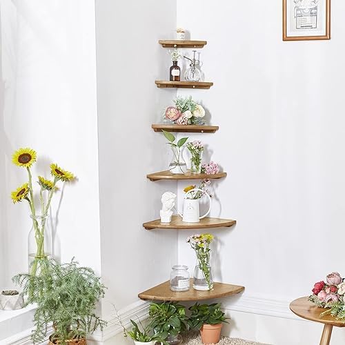 Corner Shelf, Solid Oak Wood Floating Corner Shelves Wall Mount Round End with Wire Hole for Small Plant Photo Frame for Bedroom Kitchen, Living Room - Image 5