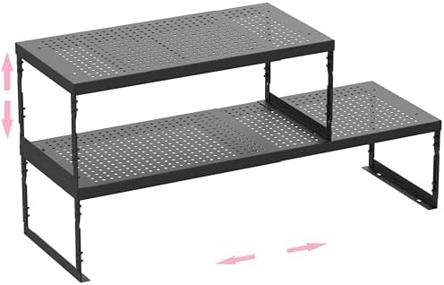 Stackable Expandable Metal Shelf Organizer - Adjustable Wire Storage Rack with Holes for Kitchen, Bathroom, Cabinet, Office - Space Saving, Durable & Sturdy Design（2PACKS/Medium/Black by HOMEPAGE