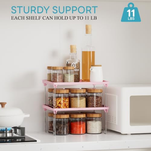 STARLATTA 2 Pcs Cabinet Organizer Shelf，Stackable Kitchen Counter Shelves, Spice Rack,Countertop Organizers，Pink Plastic Storage Shelves Rack for Makeup，Bathroom, Cupboard，Desk，Pantry Organization - Image 4