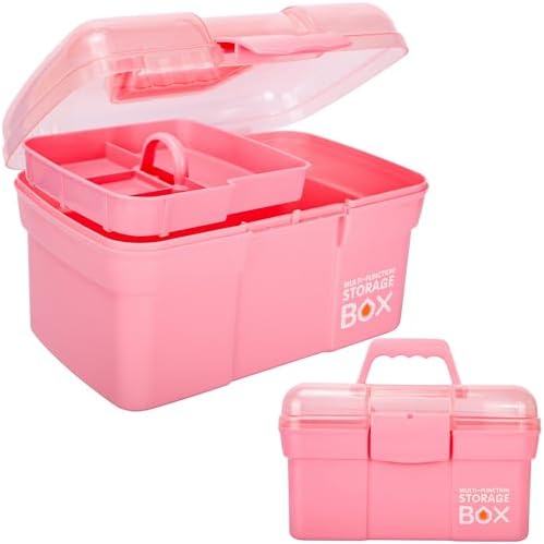 TERGOO 11in Mutipurpose Storage Box Organizer with Removable Tray, Portable Small Craft Organizer with Handle, Plastic Clear Tool Box Art Case for Makeup, Sewing, Nail, Hair Accessories (Pink) by Focusonefficientstorage