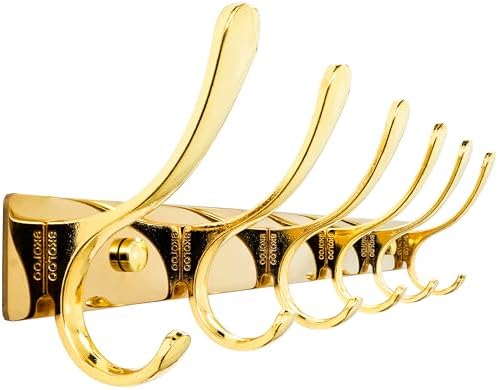 SKOLOO Heavy Duty Wall Mounted Coat Rack - 6 Hooks, Stainless Steel, Sturdy Coat Hooks for Hanging Coats, Jacket, Clothes, Hat, Bright Gold by SKOLOO